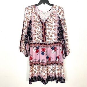NEW Nurture Westbound Floral Dress Boho Chic Navy Pink Tiered Split Neck Size 2X
